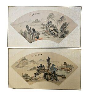 Set Of 2 Vintage Asian Landscape Fan Paintings On Silk *FLAWS Creases*